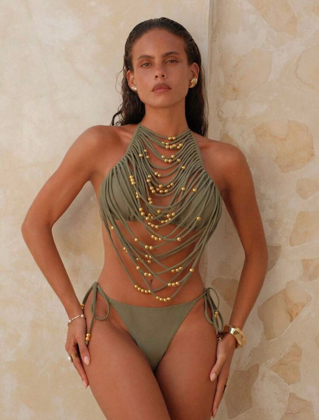 Bikini Deux Pièces "Amazonia Lux" – Kaki & Perles Dorées