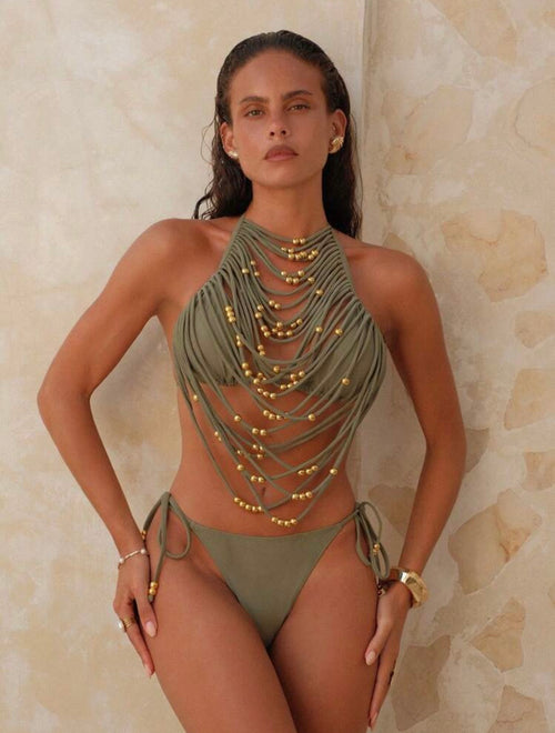 Bikini Deux Pièces "Amazonia Lux" – Kaki & Perles Dorées