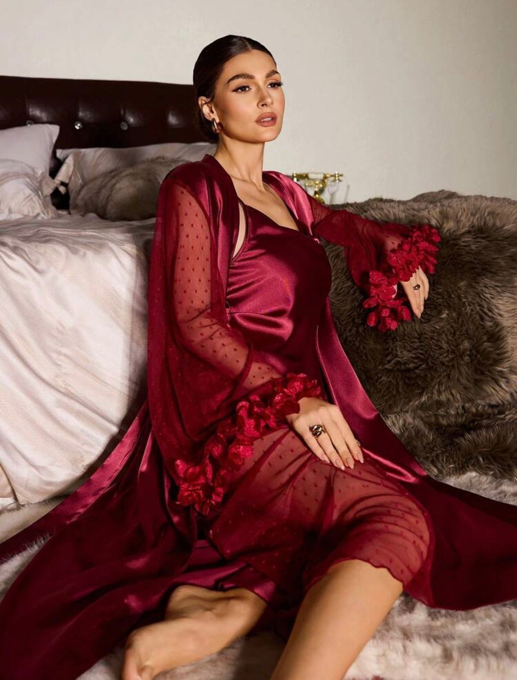 Ensemble Long Nuisette Col Bénitier et Kimono Tulle Plumetis Rouge Bordeaux