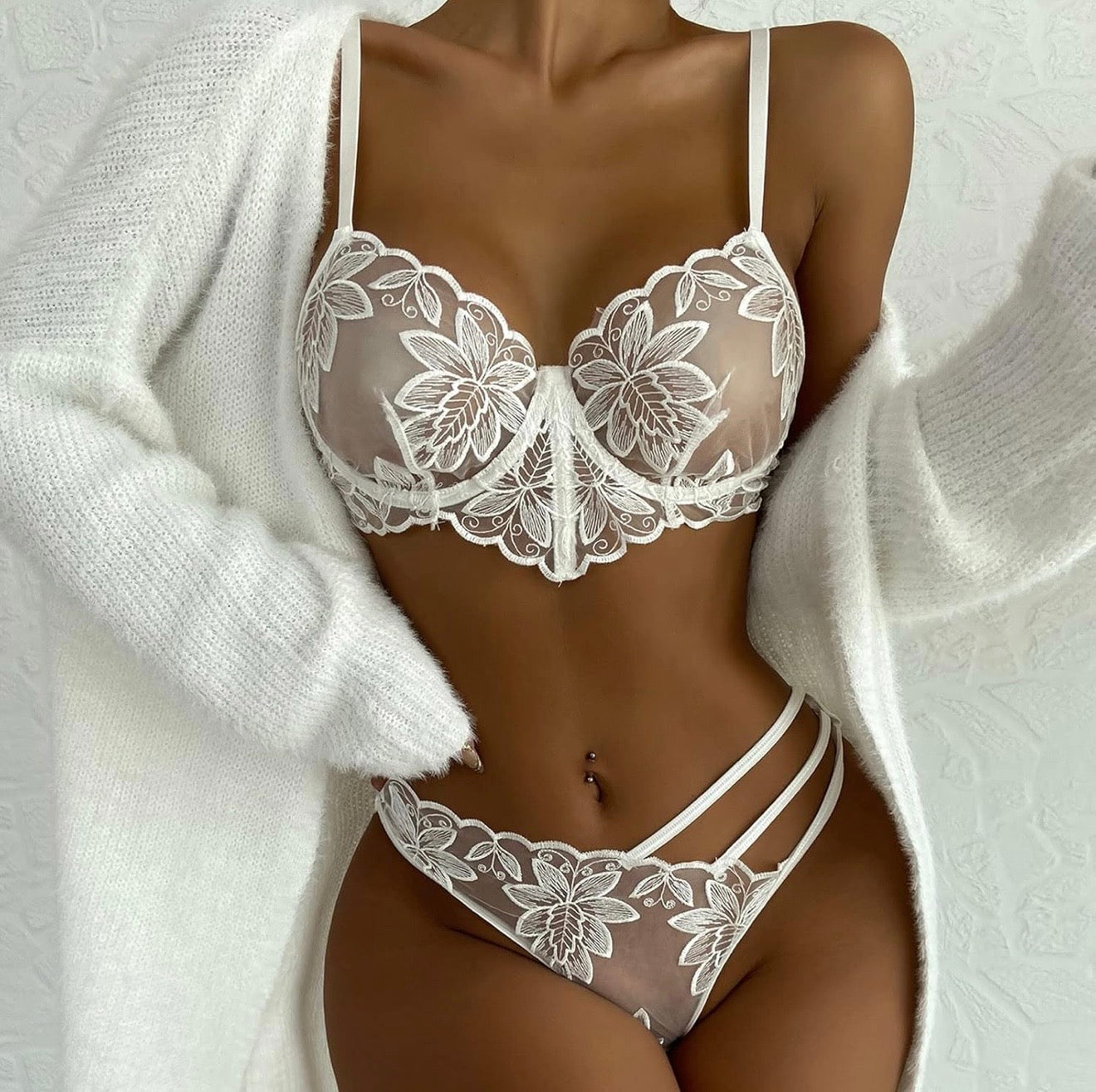 Ensemble Lingerie 2 Pièces en Dentelle Florale Blanche