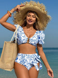 Maillot de bain deux pièces à motif floral bleu et blanc "Riviera Ruffles"