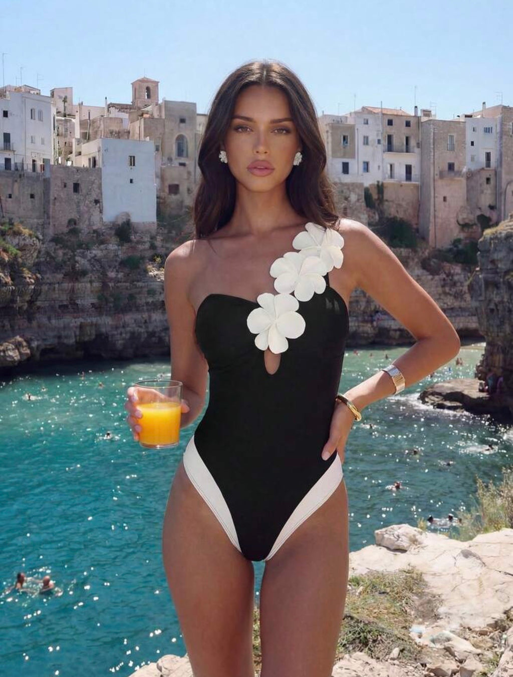 Maillot de Bain Une Pièce "Polignano" – Asymétrique Noir & Fleurs Graphiques