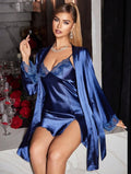 Ensemble Nuisette et Kimono en Satin Bleu Nuit avec Dentelle Florale