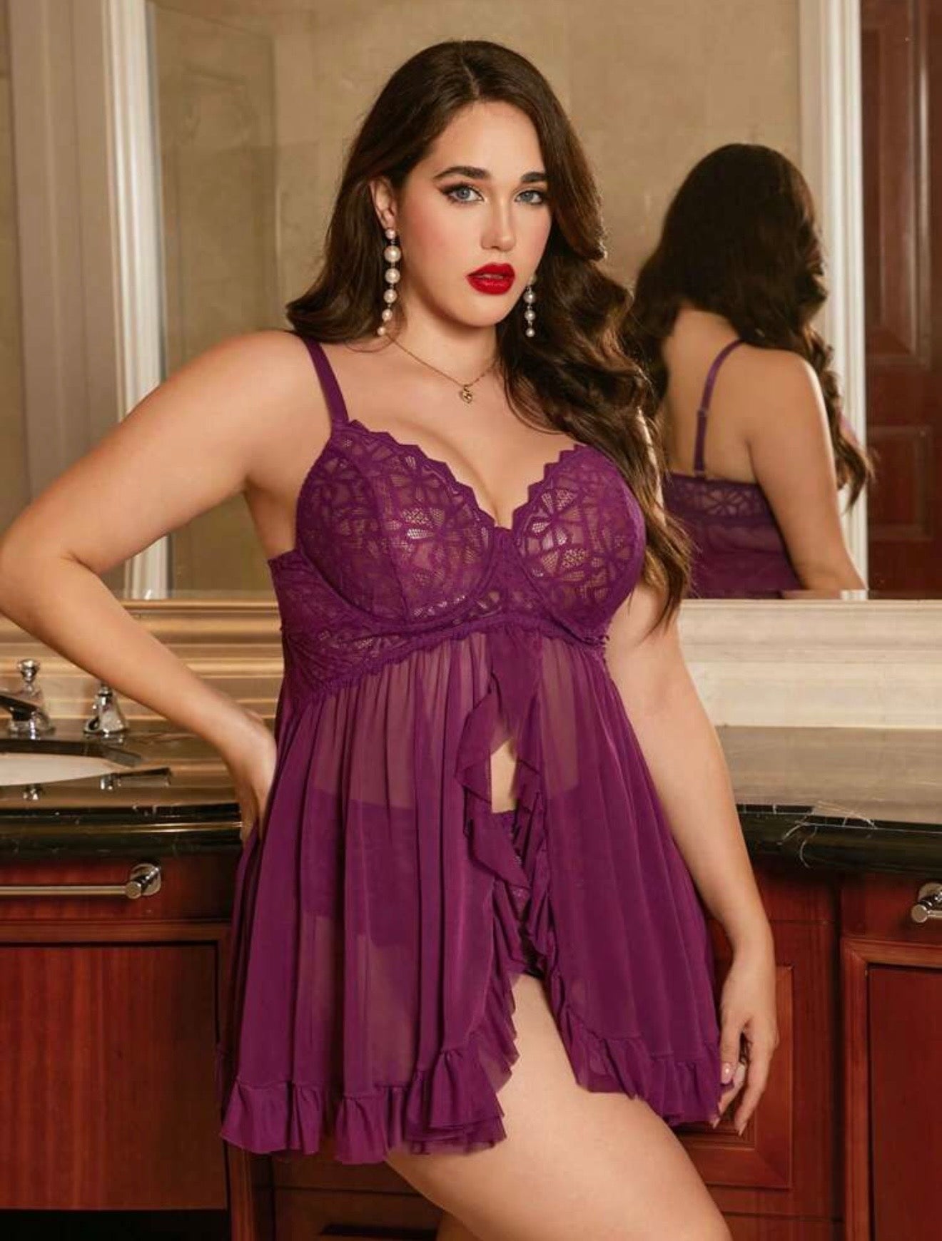 Nuisette Babydoll Évasée en Dentelle Florale et Voile – Violet Royal