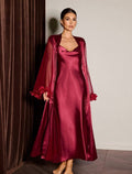 Ensemble Long Nuisette Col Bénitier et Kimono Tulle Plumetis Rouge Bordeaux