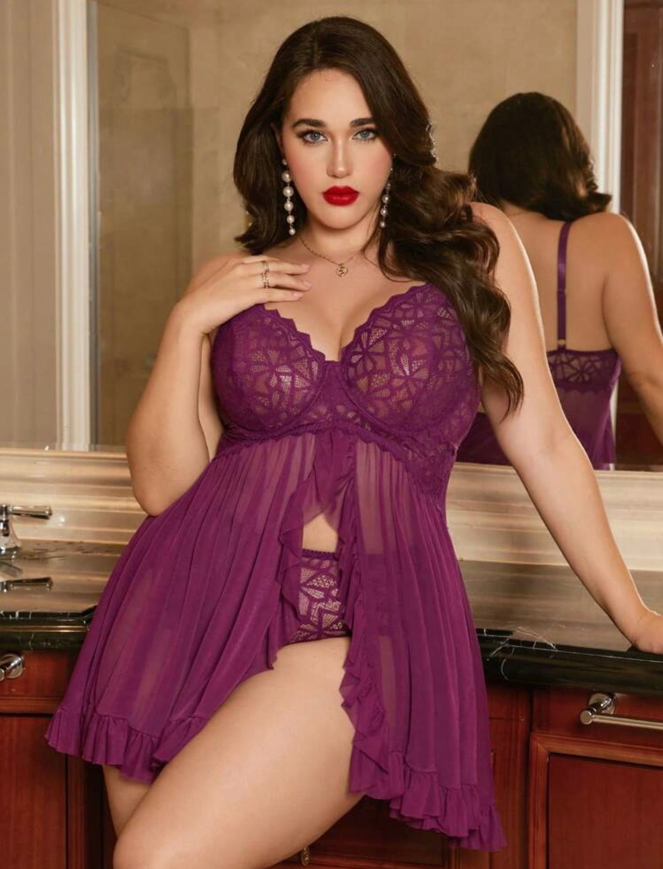 Nuisette Babydoll Évasée en Dentelle Florale et Voile – Violet Royal