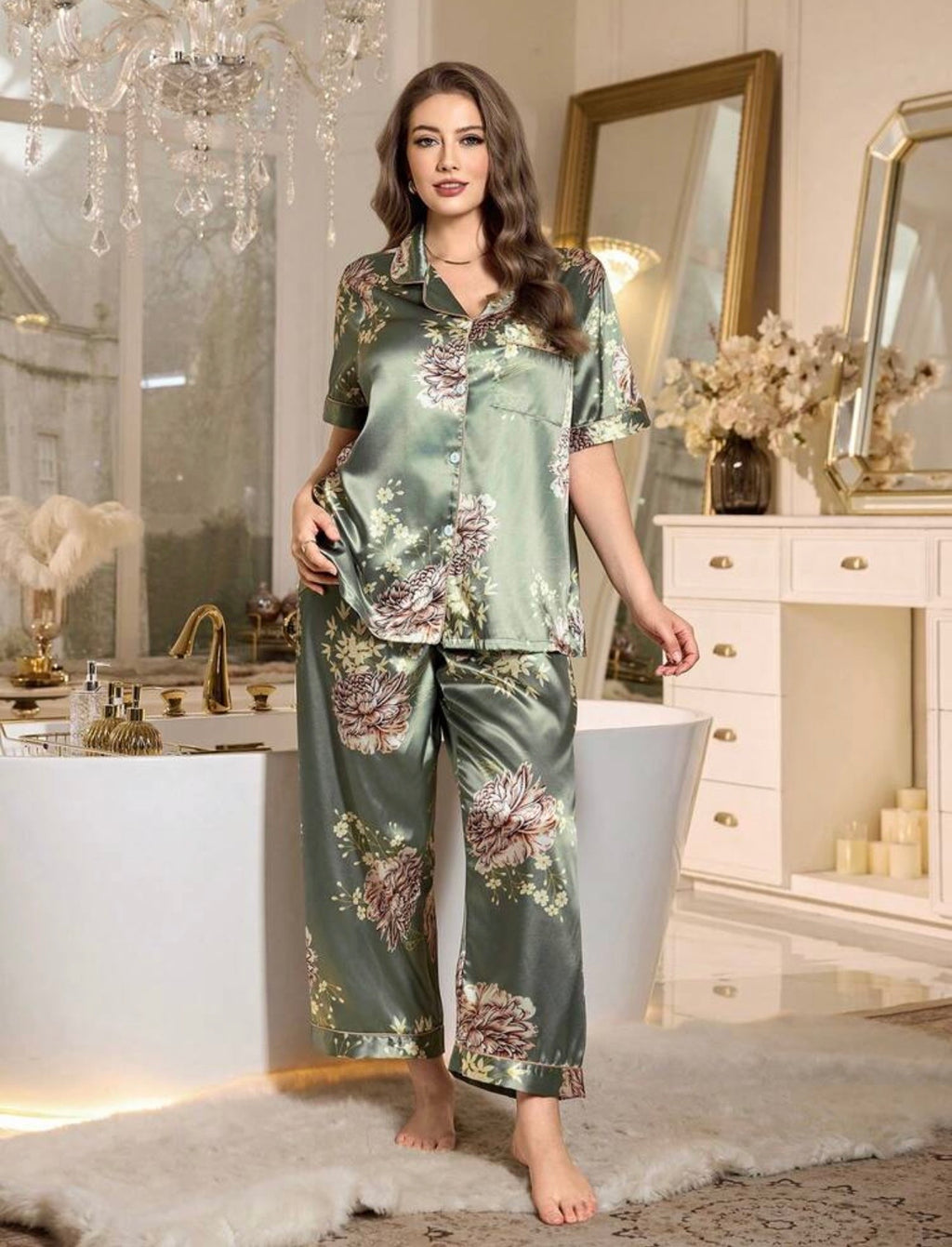 Ensemble Pyjama 2 Pièces en Satin Vert Sauge à Imprimé Floral Japonais