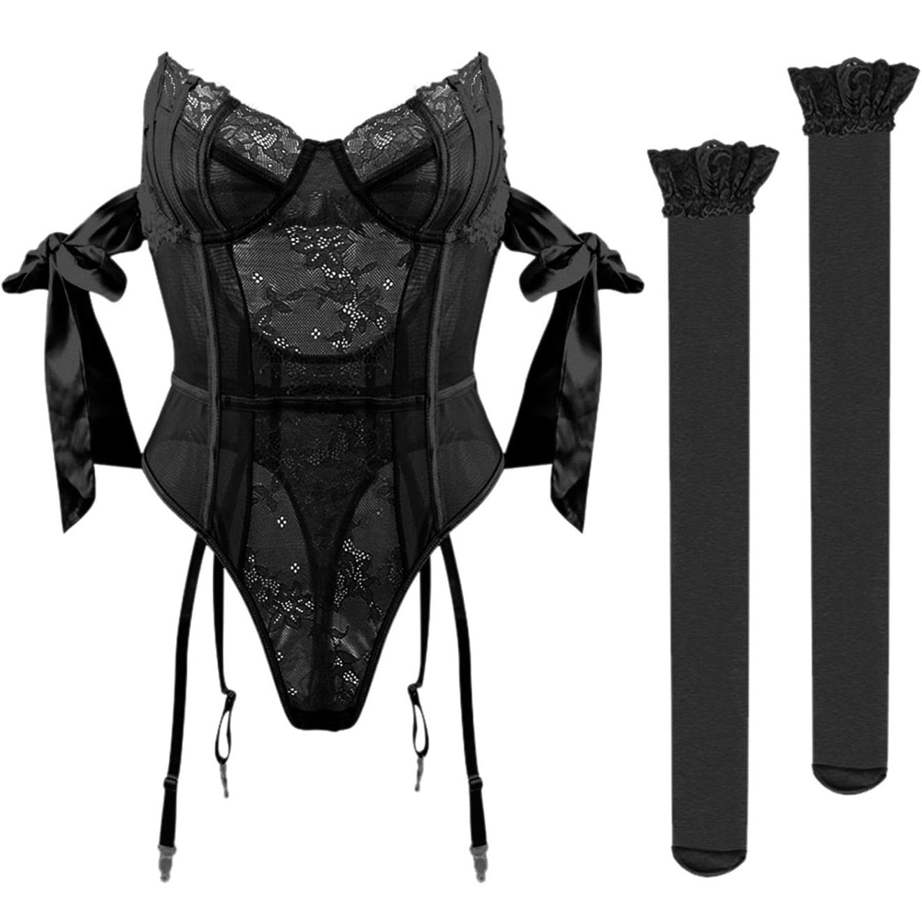 Ensemble Guêpière "Obsidienne Fatale" – Tulle Sculptant & Noeuds Satin Noir